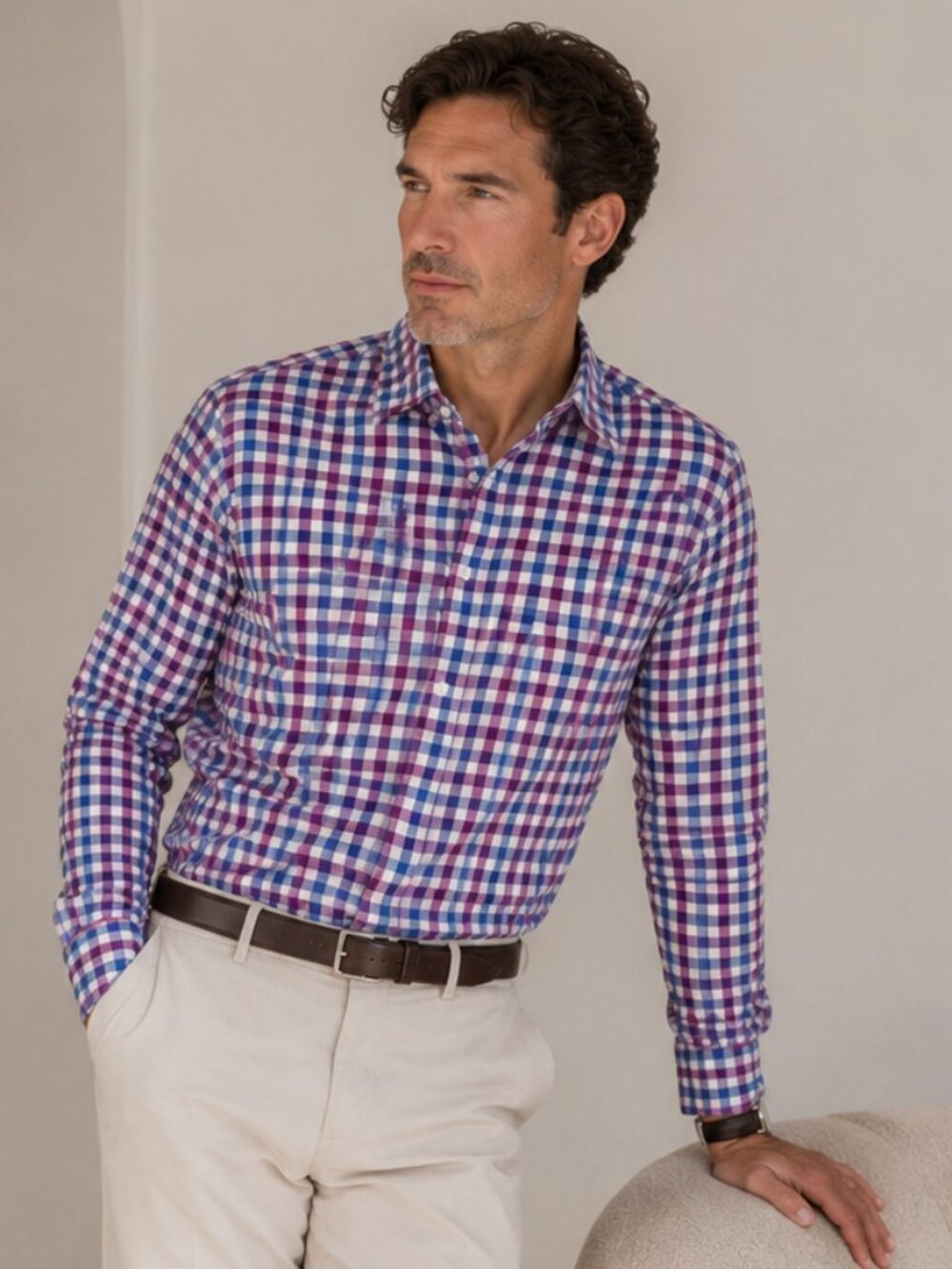 Banana Republic Mens Gingham Plaid Long Sleeve Button Down Shirt Purple